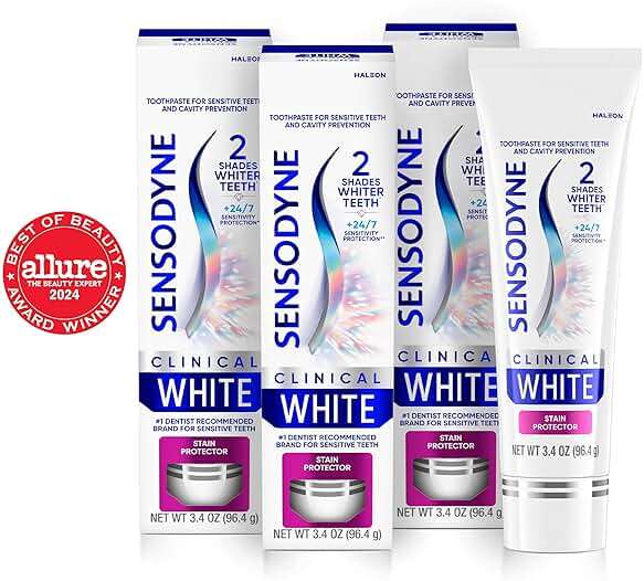 Sensodyne Clinical White Toothpaste Clinically Proven Whitening for Sensitive Teeth, Stain Protector, 3.4 oz x 3 - Image 2