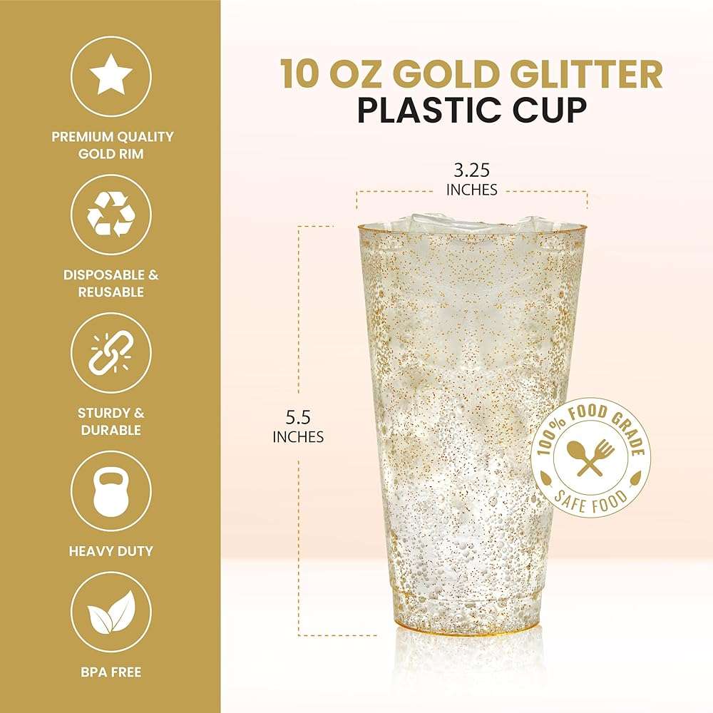 R-kay 16 oz Gold Glitter Plastic Cups For Party - 50 Pack Gold Plastic Cups - Hard Disposable Cups - Premium Heavy Duty Gold Cups - Disposable Cocktail Glasses - Party Cups (50 Pack, 16, ounces) - Image 3