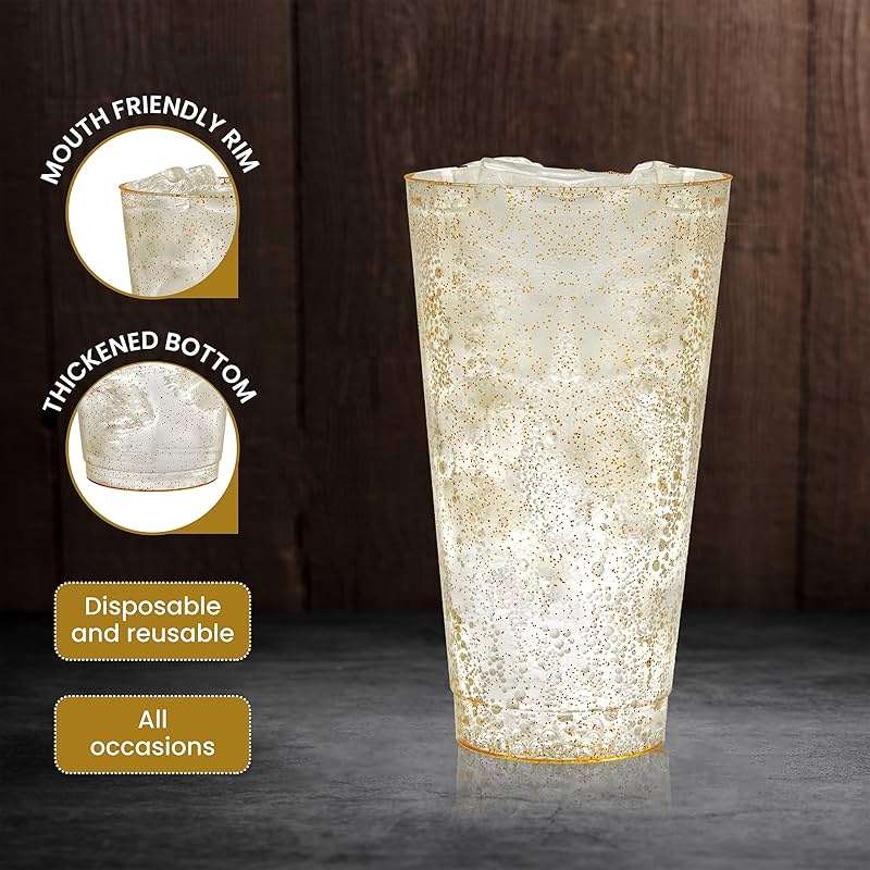 R-kay 16 oz Gold Glitter Plastic Cups For Party - 50 Pack Gold Plastic Cups - Hard Disposable Cups - Premium Heavy Duty Gold Cups - Disposable Cocktail Glasses - Party Cups (50 Pack, 16, ounces) - Image 4