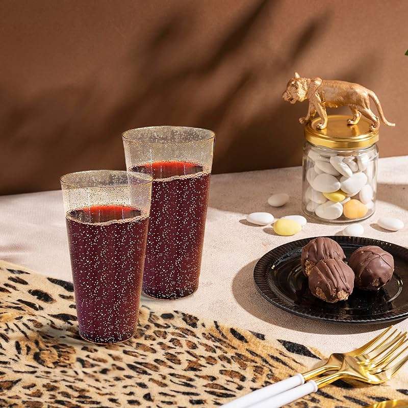 R-kay 16 oz Gold Glitter Plastic Cups For Party - 50 Pack Gold Plastic Cups - Hard Disposable Cups - Premium Heavy Duty Gold Cups - Disposable Cocktail Glasses - Party Cups (50 Pack, 16, ounces) - Image 6