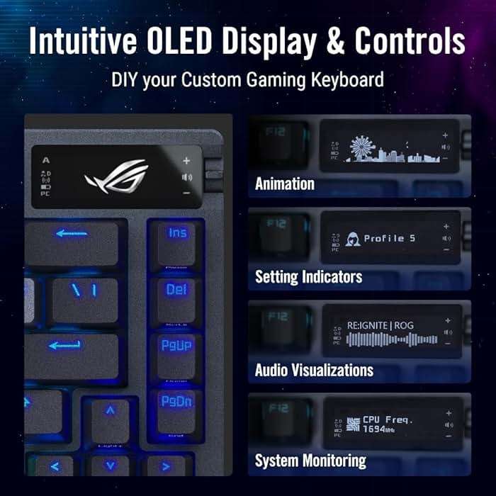 ASUS ROG Azoth Wireless Mechanical Gaming Keyboard – 75% TKL, Tri-Mode Connectivity, Hot Swappable Pre-lubed ROG NX Snow Linear Switches, PBT Keycaps, RGB, OLED Display, PC/Mac Support - Black - Image 3