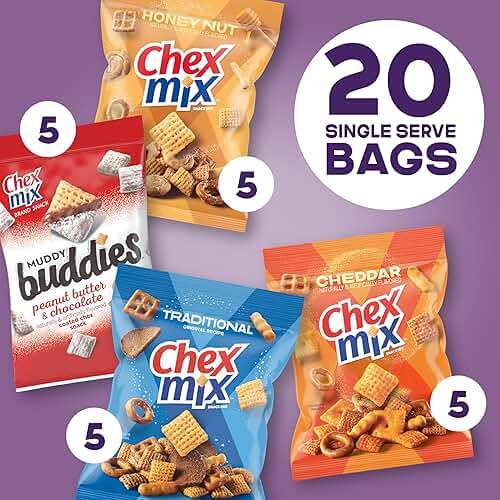 Sweet and Salty Snack Variety Pack, Muddy Buddies Peanut Butter and Chocolate, Chex Mix Traditional, Cheddar, and Honey Nut, 20 Ct, 35 oz - Image 4