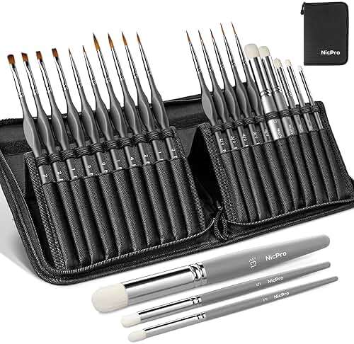 Nicpro Miniature Paint Brushes Dry Brush - 20PCS Model Paint Brush Set with Nylon Case for Acrylic, Oil, Watercolor, Detail Paint Brush Drybrush for Model, Miniature Painting, Paint by Numbers - Image 1