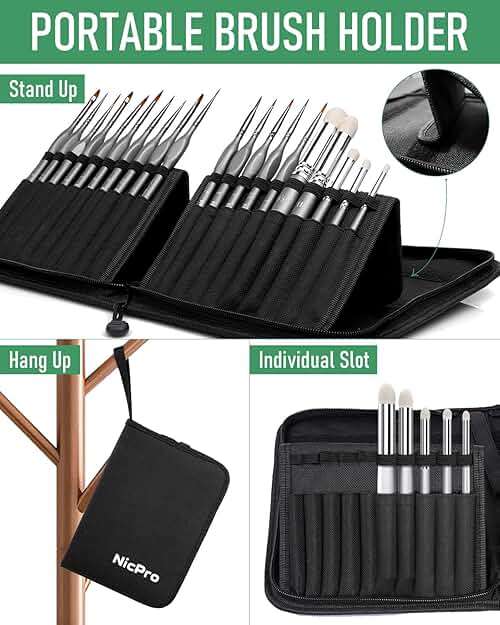 Nicpro Miniature Paint Brushes Dry Brush - 20PCS Model Paint Brush Set with Nylon Case for Acrylic, Oil, Watercolor, Detail Paint Brush Drybrush for Model, Miniature Painting, Paint by Numbers - Image 8