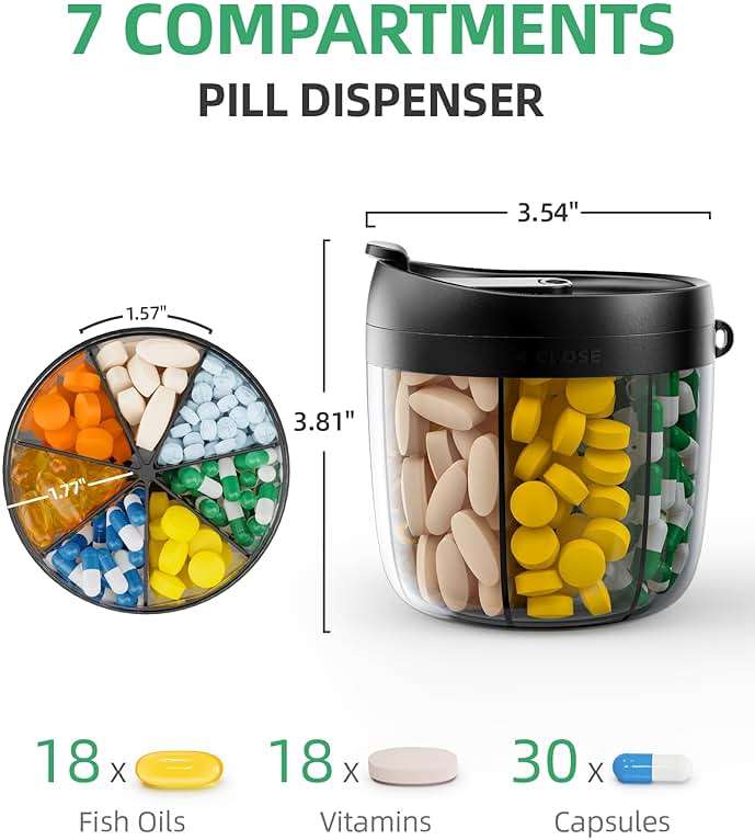 PULIV Portable Pill Dispenser Bottle, Vitamin Organizer with 7 Compartments, Holds Plenty of Supplements, Anti-Mix & Wide Openings Design, Easy to Retrieve Meds, Travel Essentials, Includes 20 Labels - Image 2