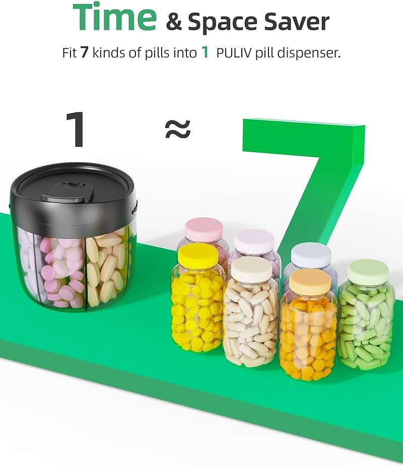 PULIV Portable Pill Dispenser Bottle, Vitamin Organizer with 7 Compartments, Holds Plenty of Supplements, Anti-Mix & Wide Openings Design, Easy to Retrieve Meds, Travel Essentials, Includes 20 Labels - Image 6