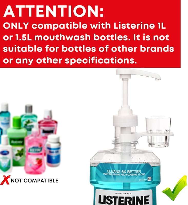Dispenser Pumps for Listerine 1 or 1.5 Liter Mouthwash Bottles with Cup Holders, Resuable Cups and Clear Plastic Paper Cup Dispenser - Fits Total Care, Original, Zero Alcohol, Cool Mint, etc - Image 4