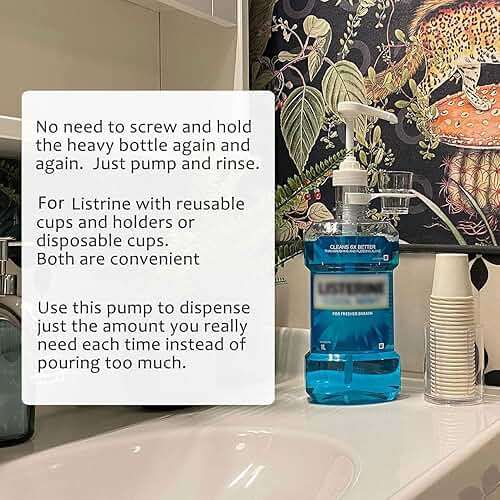 Dispenser Pumps for Listerine 1 or 1.5 Liter Mouthwash Bottles with Cup Holders, Resuable Cups and Clear Plastic Paper Cup Dispenser - Fits Total Care, Original, Zero Alcohol, Cool Mint, etc - Image 6