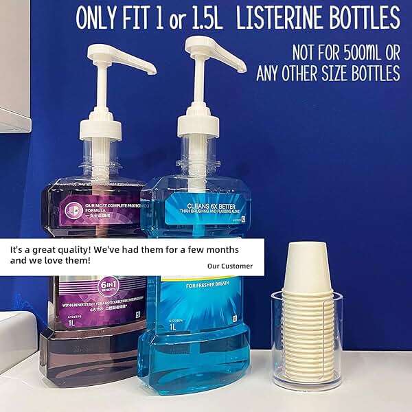 Dispenser Pumps for Listerine 1 or 1.5 Liter Mouthwash Bottles with Cup Holders, Resuable Cups and Clear Plastic Paper Cup Dispenser - Fits Total Care, Original, Zero Alcohol, Cool Mint, etc - Image 7
