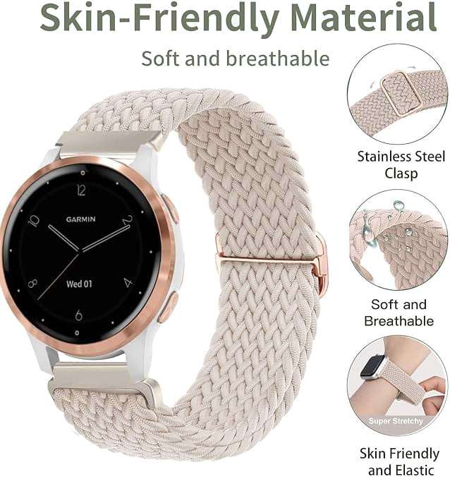TUCOMO 2Pack Braided Stretchy Nylon Watch Bands Compatible with Garmin Venu 3S/ Venu 4 41mm/Venu 2S/Vivoactive 4S/Vivomove 3S/Forerunner 255S/265S, 18mm Loop Elastic Fabric Straps for Women Men - Image 3
