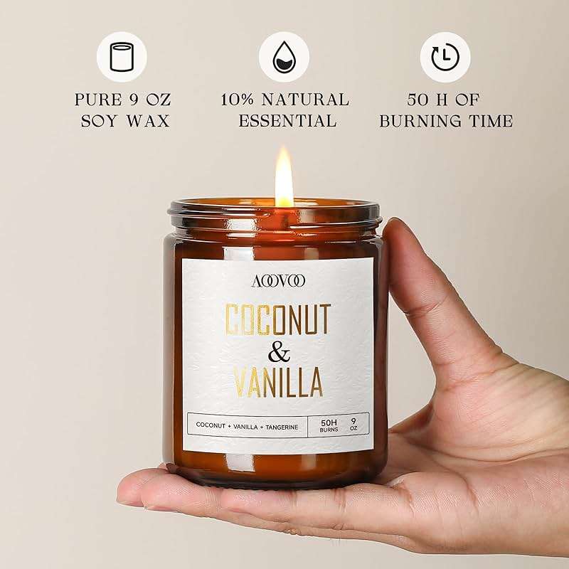 AOOVOO Coconut Vanilla Candles - 9 oz Scented Candles, Aromatherapy Candle, Soy Candle for Home Scented - Image 4