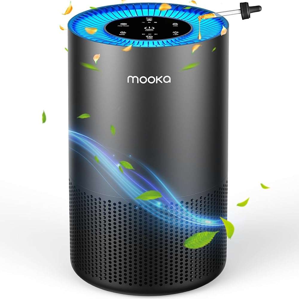 Air Purifiers for Home Large Room Pets Up to 1300 Sq Ft, MOOKA H13 True HEPA Air Purifier Cleaner with 360° Air Inlet, Fragrance, 13dB Air Purifier for Bedroom Wildfire Smoke Pet Dust Pollen (Black) - Image 1