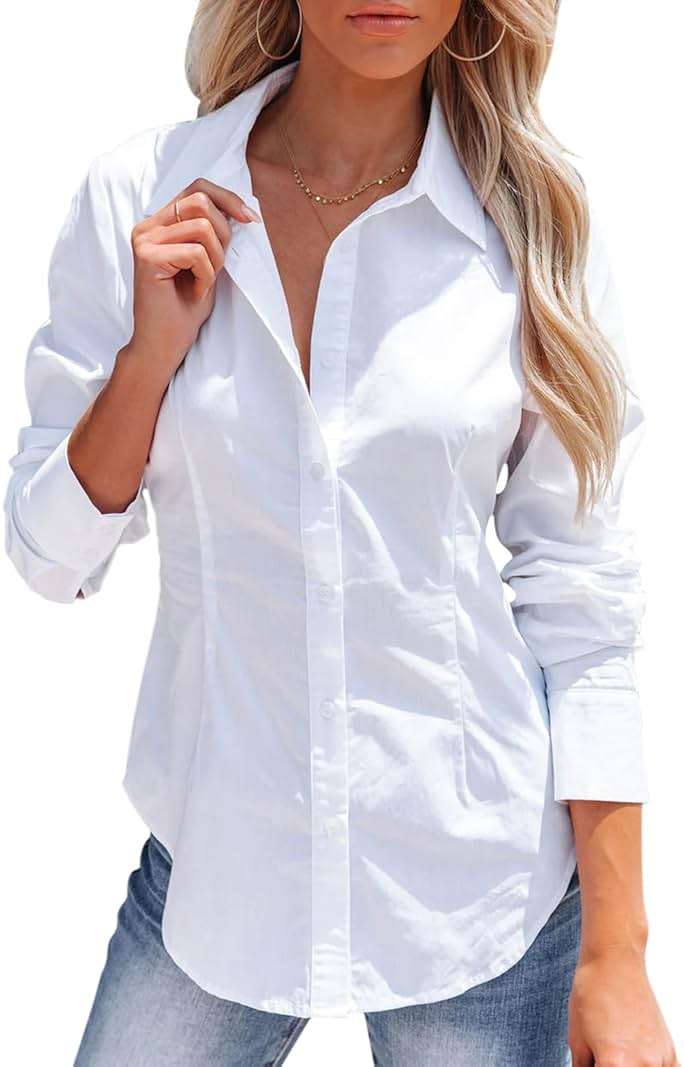 siliteelon Women's Button Down Shirts Long Sleeve Dress Shirts Wrinkle Free Collared Work Office Solid Blouses Corset Tops - Image 1