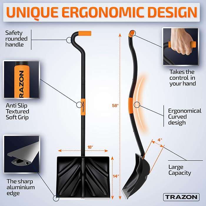Snow Shovel Heavy Duty for Driveway with Ergonomic Handle to Use Without Backpain for Home Garage Car - Snow Shovel with 18 Inch Blade Large Capacity and 60 Inch Long Ergonomic Handle (Black) - Image 2