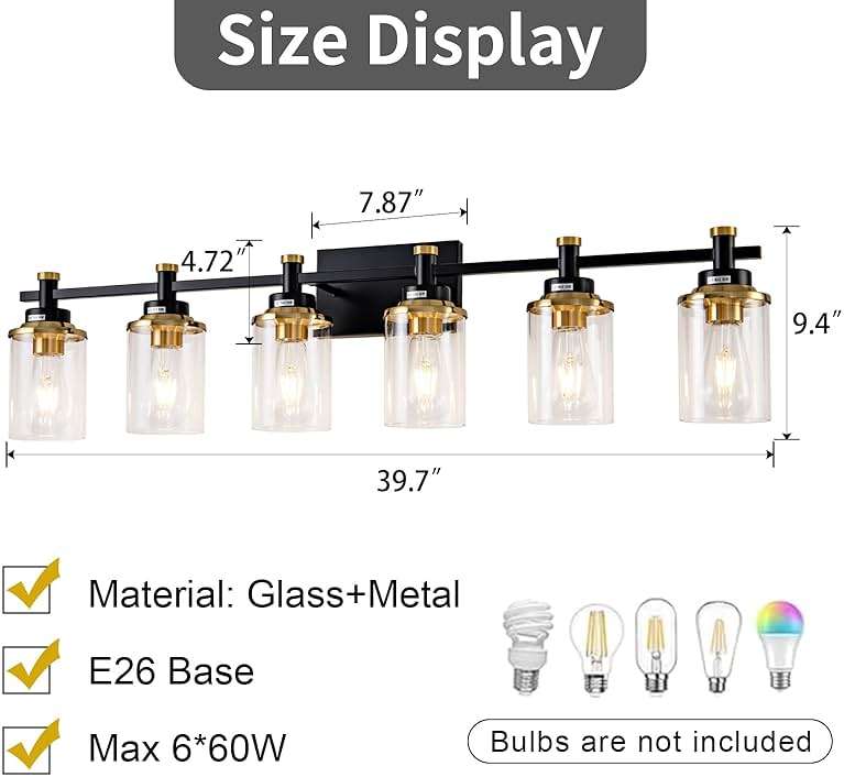 Aixialin 6 Bathroom Vanity Lights, Black and Gold Bathroom Light Fixtures, Sconces Wall Lighting with Clear Glass Shade, Modern Brushed Gold Vanity Lighting Fixtures for Bathroom, Bedroom, Hallway - Image 5
