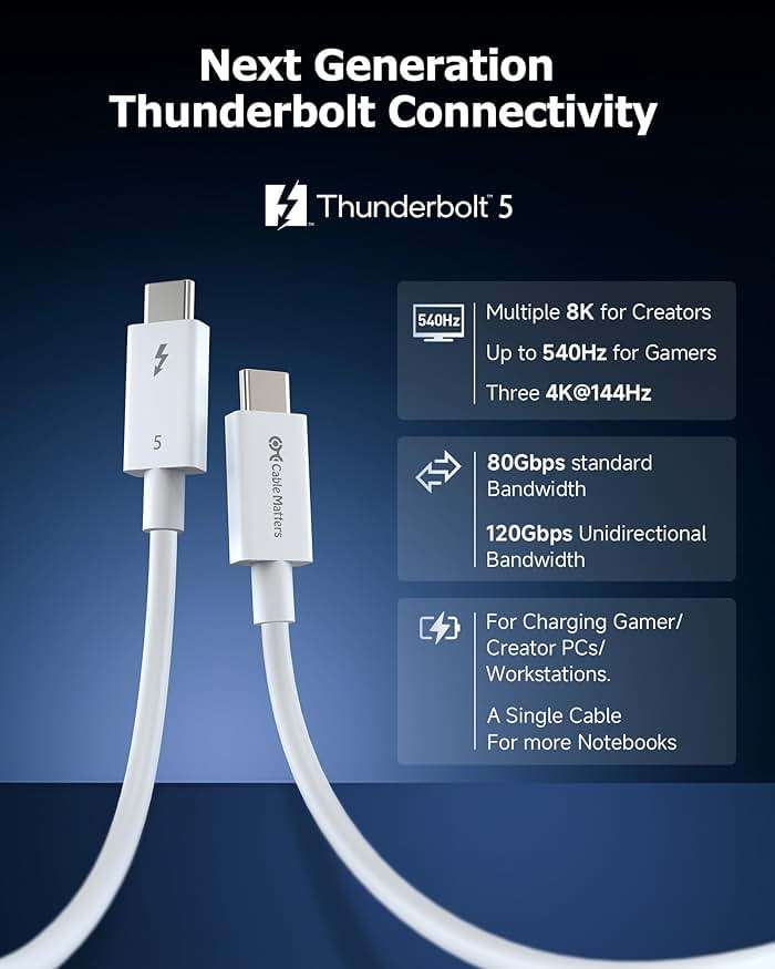 Cable Matters [Intel Certified] 80Gbps Thunderbolt 5 Cable with up to 120Gbps Bandwidth Boost and 240W Charging - 1m / 3.3ft, Compatible with Thunderbolt 4, USB4, and USB C, White - Image 2