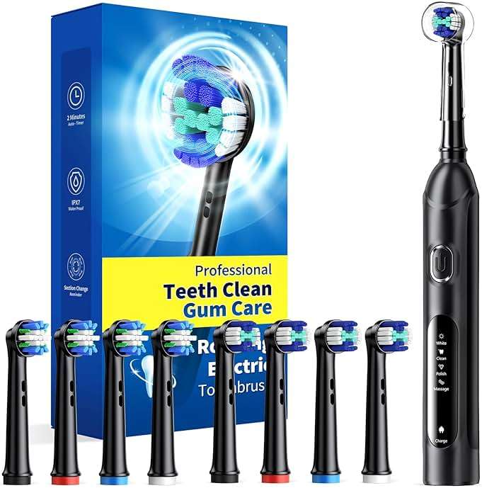 TEETHEORY Rotating Electric Toothbrush for Adults with 8 Brush Heads (2 Types), 4 Modes Deep Clean Electric Toothbrush with Rechargeable Power and 2 Min Smart Timer Black - Image 1