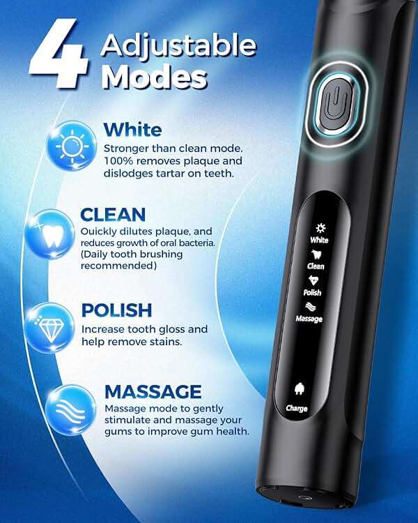 TEETHEORY Rotating Electric Toothbrush for Adults with 8 Brush Heads (2 Types), 4 Modes Deep Clean Electric Toothbrush with Rechargeable Power and 2 Min Smart Timer Black - Image 6