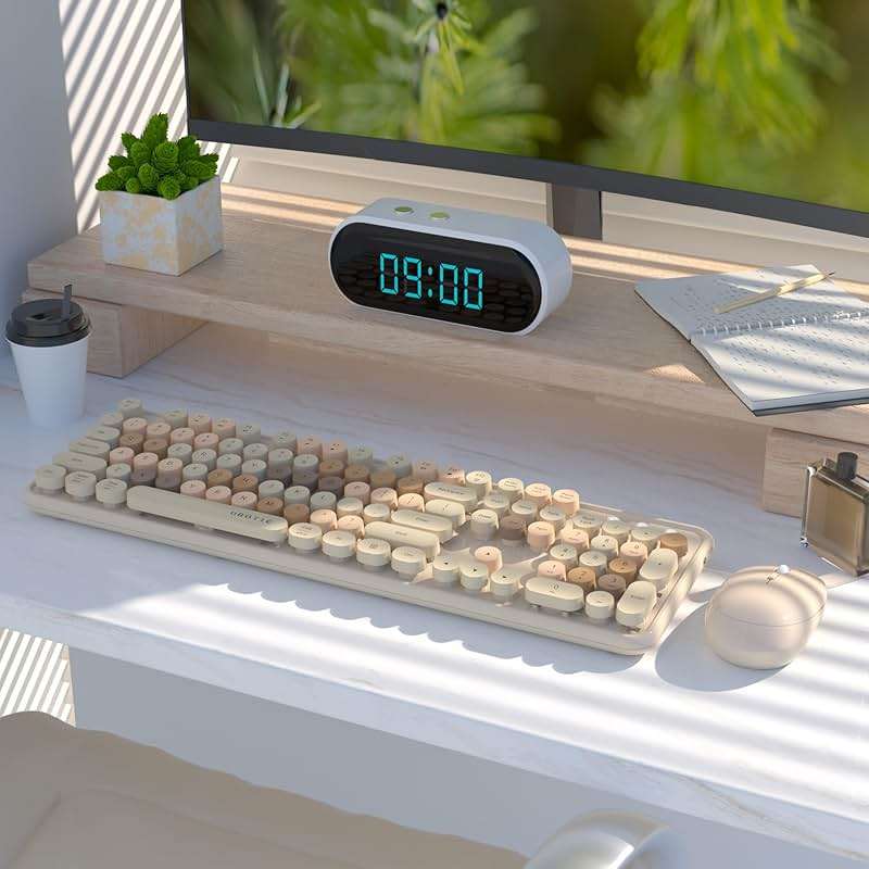 UBOTIE Colorful Wireless Keyboard and Mouse Combos, Retro Typewriter Floating Flexible Full-Sized Keys Computer Keyboard with Optical Mouse, 2.4GHz USB Connection for Windows Mac (Milk Tea -Colorful) - Image 2
