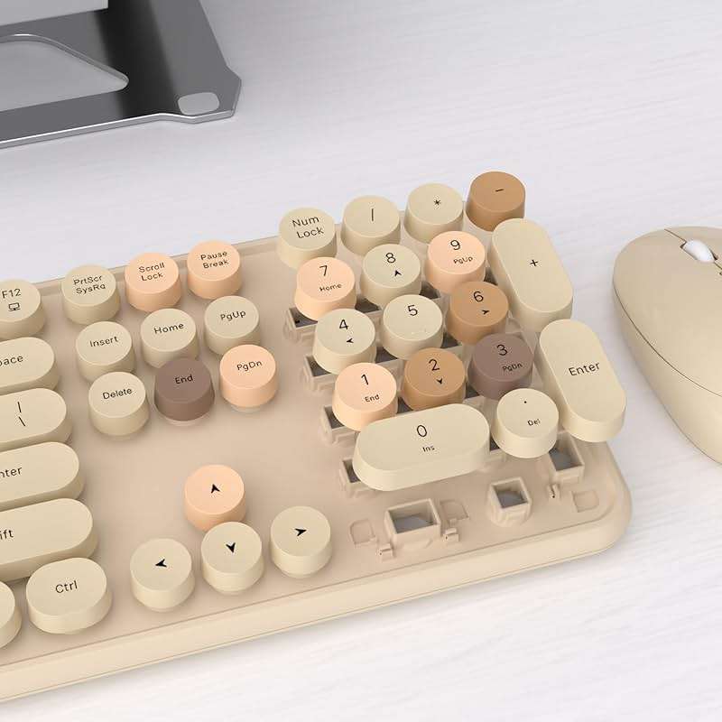 UBOTIE Colorful Wireless Keyboard and Mouse Combos, Retro Typewriter Floating Flexible Full-Sized Keys Computer Keyboard with Optical Mouse, 2.4GHz USB Connection for Windows Mac (Milk Tea -Colorful) - Image 3