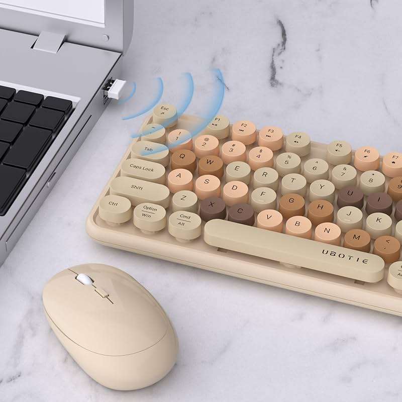 UBOTIE Colorful Wireless Keyboard and Mouse Combos, Retro Typewriter Floating Flexible Full-Sized Keys Computer Keyboard with Optical Mouse, 2.4GHz USB Connection for Windows Mac (Milk Tea -Colorful) - Image 4