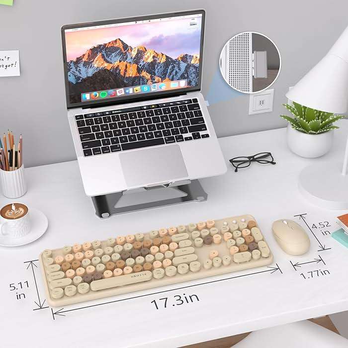 UBOTIE Colorful Wireless Keyboard and Mouse Combos, Retro Typewriter Floating Flexible Full-Sized Keys Computer Keyboard with Optical Mouse, 2.4GHz USB Connection for Windows Mac (Milk Tea -Colorful) - Image 6