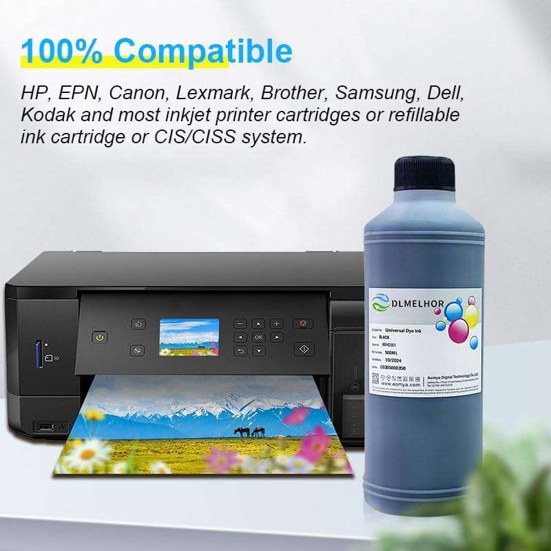 DLMELHOR Ink Refill Kit 500ml Black Universal Dye Bulk Ink Refill Kit for HP Canon Epsn Brother Lexmark Samsung Dell Kodak Inkjet Printers Compatible Cartridges Refillable Cartridge CISS CIS System - Image 2
