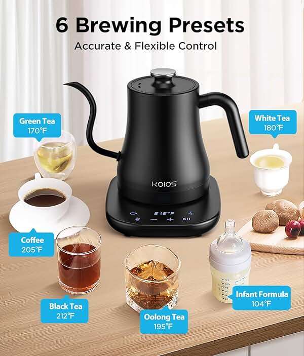 KOIOS Gooseneck Electric Kettle with ±1℉ Temperature Control & Mute Mode, 0.8L Pour Over Kettle for Coffee & Tea, 1200W Quick Heating Stainless Steel Water Boiler with 4Hrs Keep Warm, Matt Black - Image 2