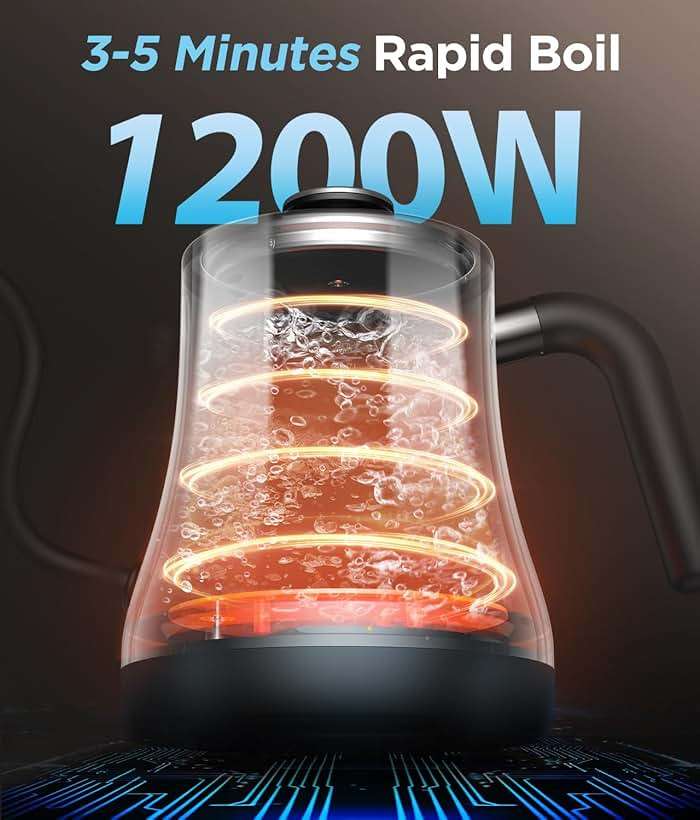 KOIOS Gooseneck Electric Kettle with ±1℉ Temperature Control & Mute Mode, 0.8L Pour Over Kettle for Coffee & Tea, 1200W Quick Heating Stainless Steel Water Boiler with 4Hrs Keep Warm, Matt Black - Image 3