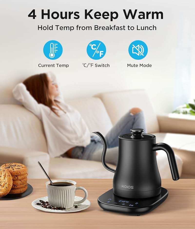 KOIOS Gooseneck Electric Kettle with ±1℉ Temperature Control & Mute Mode, 0.8L Pour Over Kettle for Coffee & Tea, 1200W Quick Heating Stainless Steel Water Boiler with 4Hrs Keep Warm, Matt Black - Image 4
