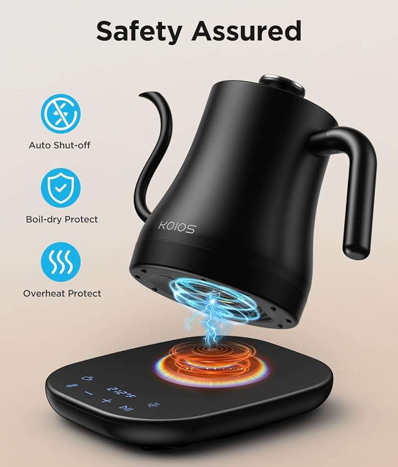 KOIOS Gooseneck Electric Kettle with ±1℉ Temperature Control & Mute Mode, 0.8L Pour Over Kettle for Coffee & Tea, 1200W Quick Heating Stainless Steel Water Boiler with 4Hrs Keep Warm, Matt Black - Image 5