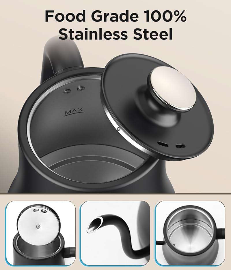 KOIOS Gooseneck Electric Kettle with ±1℉ Temperature Control & Mute Mode, 0.8L Pour Over Kettle for Coffee & Tea, 1200W Quick Heating Stainless Steel Water Boiler with 4Hrs Keep Warm, Matt Black - Image 6