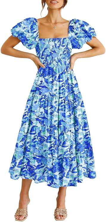 PRETTYGARDEN Women's Casual Summer Midi Dress Puffy Short Sleeve Square Neck Smocked Tiered Ruffle Dresses - Image 1