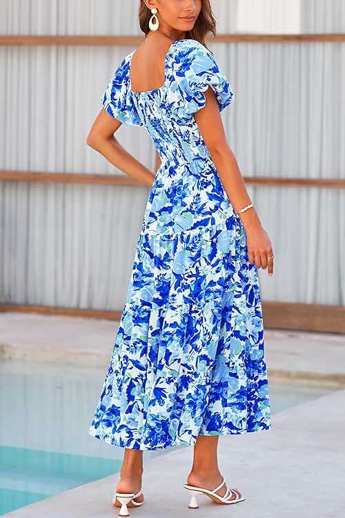 PRETTYGARDEN Women's Casual Summer Midi Dress Puffy Short Sleeve Square Neck Smocked Tiered Ruffle Dresses - Image 2