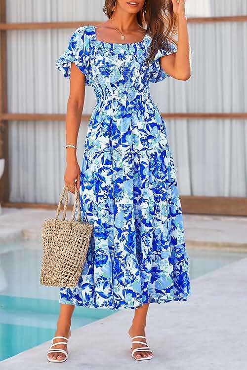 PRETTYGARDEN Women's Casual Summer Midi Dress Puffy Short Sleeve Square Neck Smocked Tiered Ruffle Dresses - Image 3