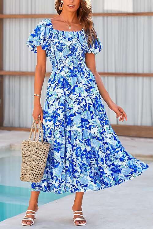 PRETTYGARDEN Women's Casual Summer Midi Dress Puffy Short Sleeve Square Neck Smocked Tiered Ruffle Dresses - Image 6