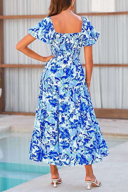 PRETTYGARDEN Women's Casual Summer Midi Dress Puffy Short Sleeve Square Neck Smocked Tiered Ruffle Dresses - Image 7