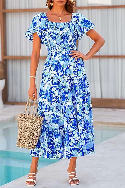 PRETTYGARDEN Women's Casual Summer Midi Dress Puffy Short Sleeve Square Neck Smocked Tiered Ruffle Dresses - Image 8