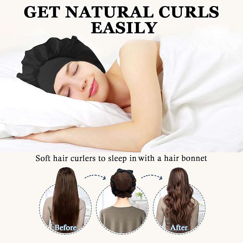 Gwabee No Heat Hair Curlers Overnight Curls Headband - 70" Soft Ribbon Curl Wrap for Long Hair, 9 PCS Curling Rod Set with Bonnet - Black - Image 2