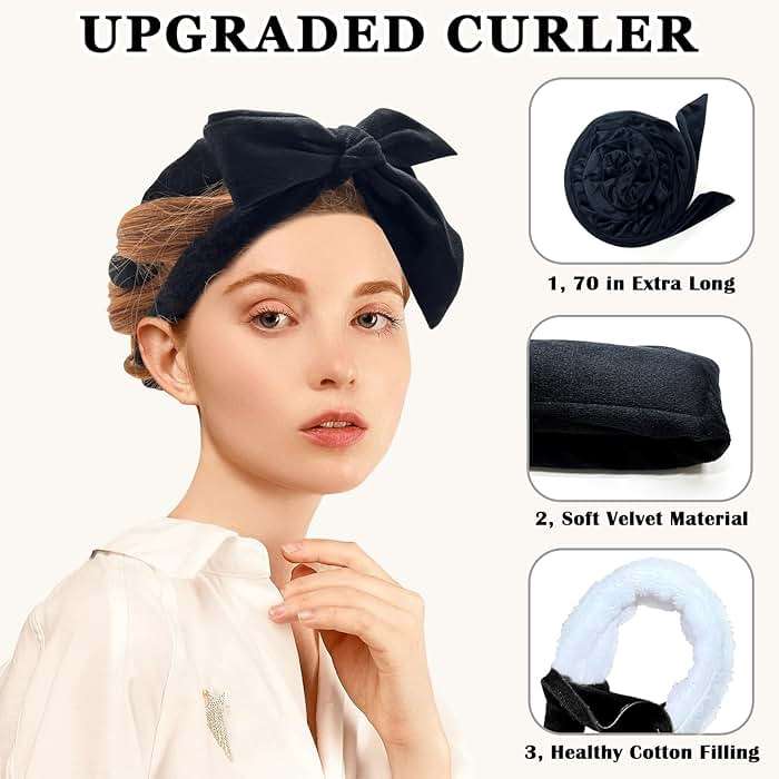 Gwabee No Heat Hair Curlers Overnight Curls Headband - 70" Soft Ribbon Curl Wrap for Long Hair, 9 PCS Curling Rod Set with Bonnet - Black - Image 3