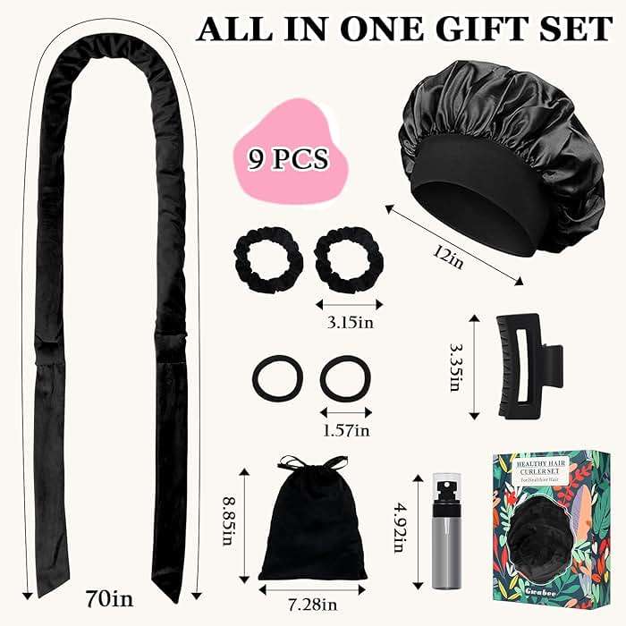 Gwabee No Heat Hair Curlers Overnight Curls Headband - 70" Soft Ribbon Curl Wrap for Long Hair, 9 PCS Curling Rod Set with Bonnet - Black - Image 5