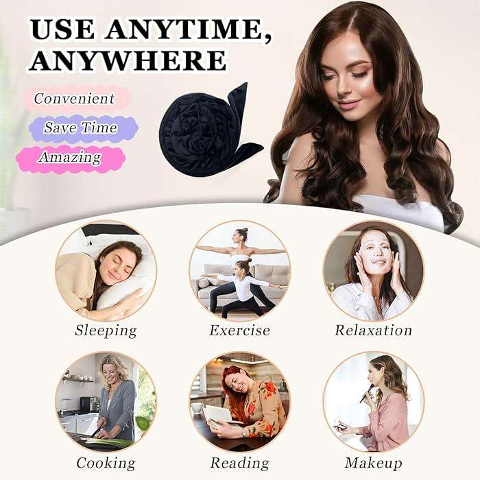 Gwabee No Heat Hair Curlers Overnight Curls Headband - 70" Soft Ribbon Curl Wrap for Long Hair, 9 PCS Curling Rod Set with Bonnet - Black - Image 6