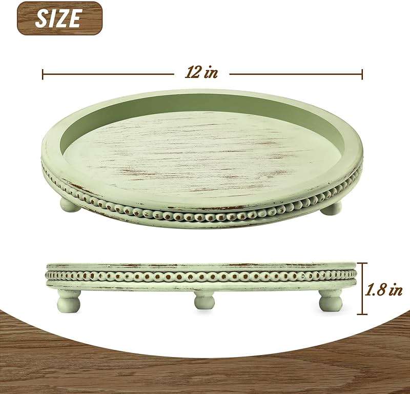 KULEDM Handmade Wooden Decorative Tray, Small Beaded Coffee Table Tray Decor, Sage Round Serving Tray for Coffee Table, Dining Room Table Entryway and Living Room Table - Image 2