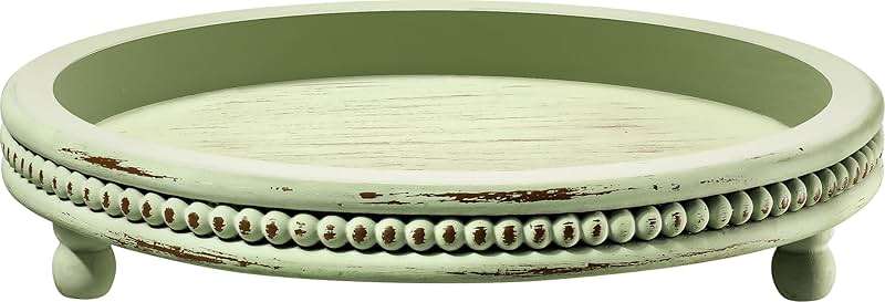 KULEDM Handmade Wooden Decorative Tray, Small Beaded Coffee Table Tray Decor, Sage Round Serving Tray for Coffee Table, Dining Room Table Entryway and Living Room Table - Image 3