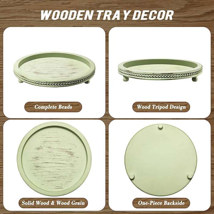 KULEDM Handmade Wooden Decorative Tray, Small Beaded Coffee Table Tray Decor, Sage Round Serving Tray for Coffee Table, Dining Room Table Entryway and Living Room Table - Image 5