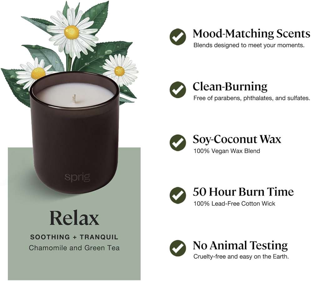 Sprig by Kohler Relax Aromatherapy Candle with Chamomile and Green Tea, 100% Natural Soy-Coconut Wax, Soothing and Tranquil Scent, Gift for Holidays, 8 oz - Image 3