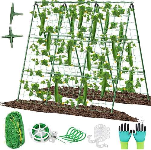 Cucumber Trellis for Raised Beds, 45 x 53 Inch Adjustable Size A-Frame Garden Trellis for Climbing Plant Outdoors with Climbing Net and Plant Support Clip for Vegetable Grape Tomato Bean Pea - Image 1