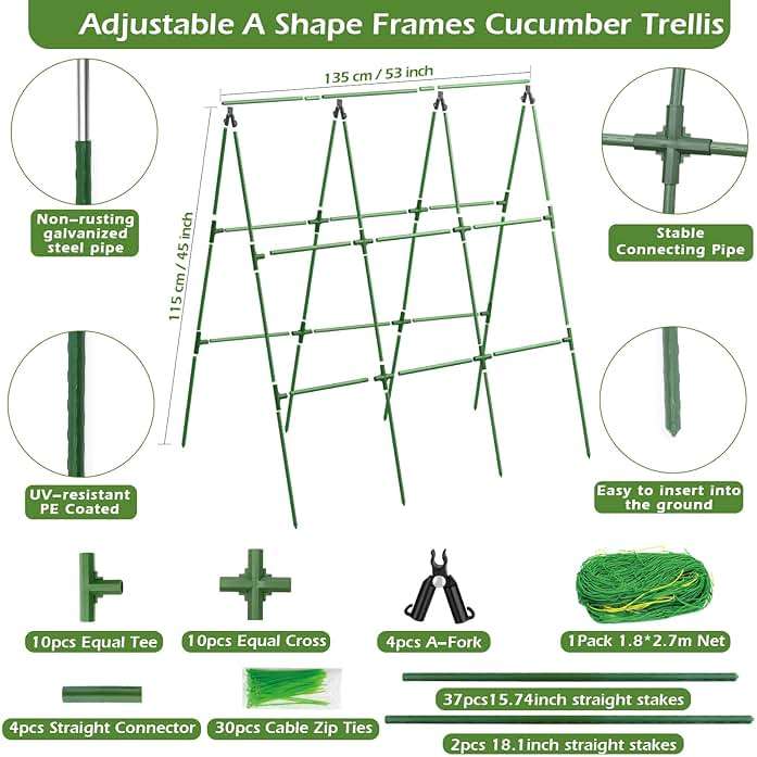 Cucumber Trellis for Raised Beds, 45 x 53 Inch Adjustable Size A-Frame Garden Trellis for Climbing Plant Outdoors with Climbing Net and Plant Support Clip for Vegetable Grape Tomato Bean Pea - Image 2