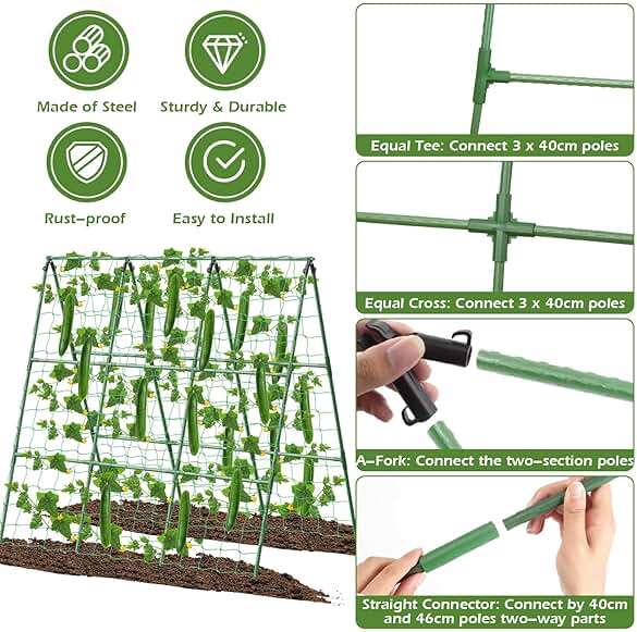 Cucumber Trellis for Raised Beds, 45 x 53 Inch Adjustable Size A-Frame Garden Trellis for Climbing Plant Outdoors with Climbing Net and Plant Support Clip for Vegetable Grape Tomato Bean Pea - Image 3
