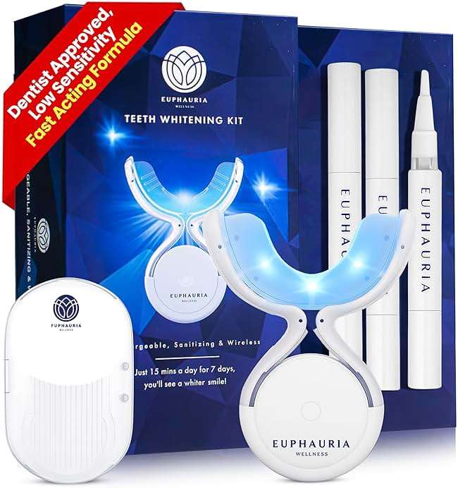 Euphauria Teeth Whitening Kit – Red & Blue LED Light, 12% HP Gel Pens (Pack of 3), Sensitive & Enamel Safe, Rechargeable Wireless, At-Home Results with Carrying Case - Image 1